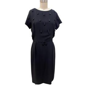 Vintage Henry-Lee Dress Womens Size 6 Black Beaded Blouson Midi Little Black
